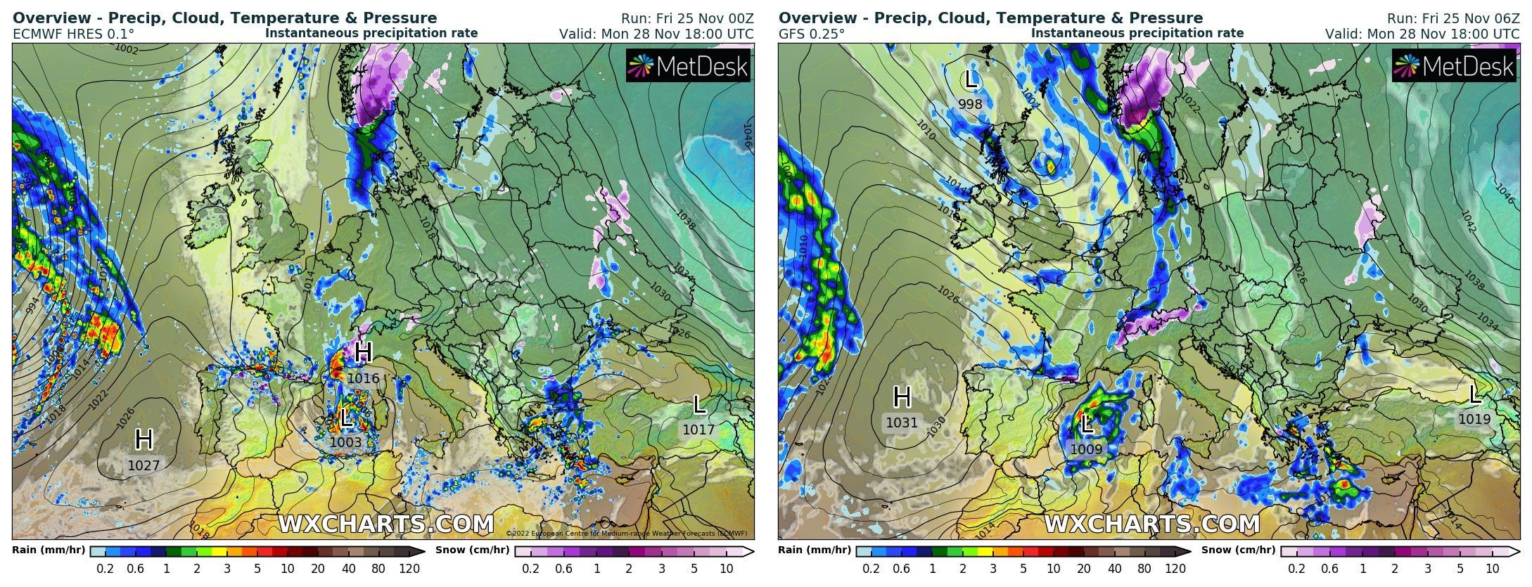 Differences between ECMWF (left) and GFS (right) for Monday night (wxcharts.com)