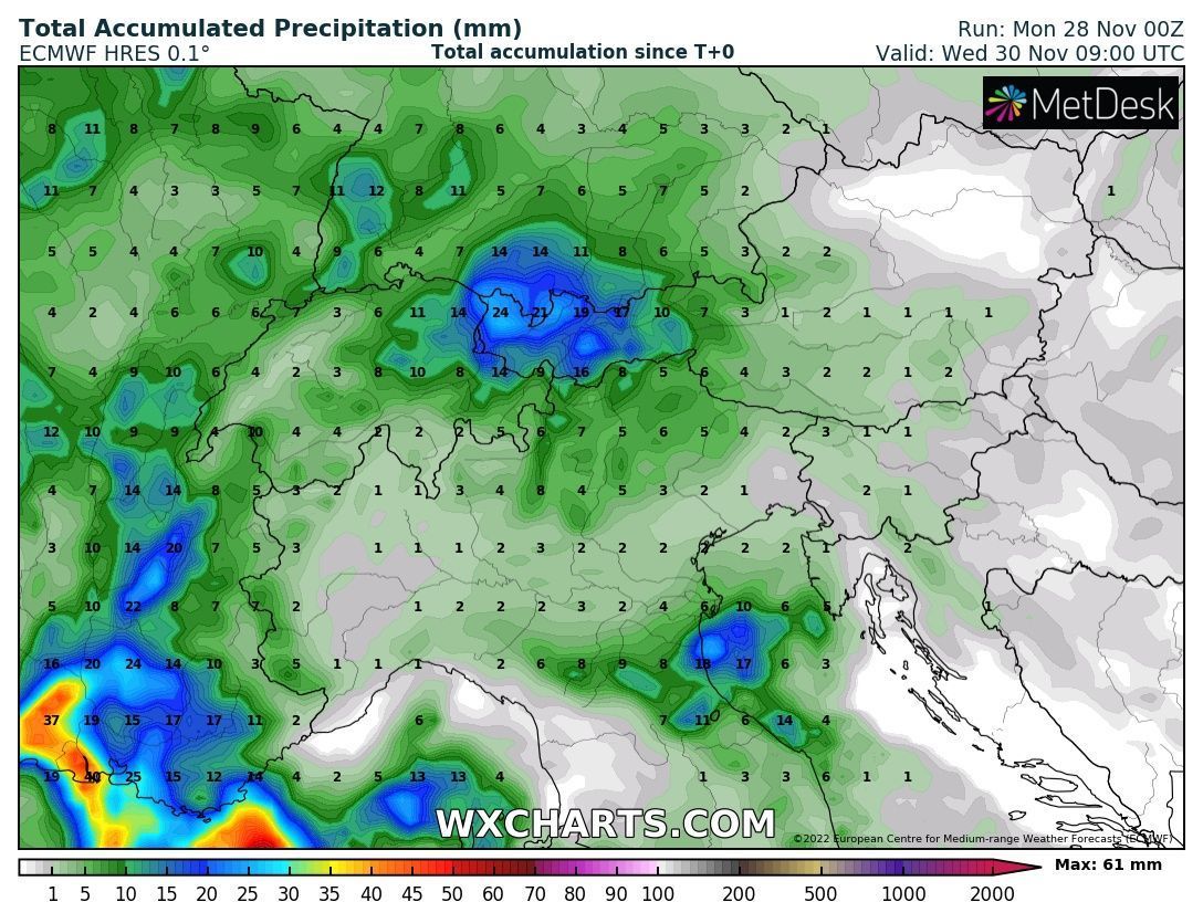 Precipitation forecast through Wednesday afternoon (wxcharts.com)