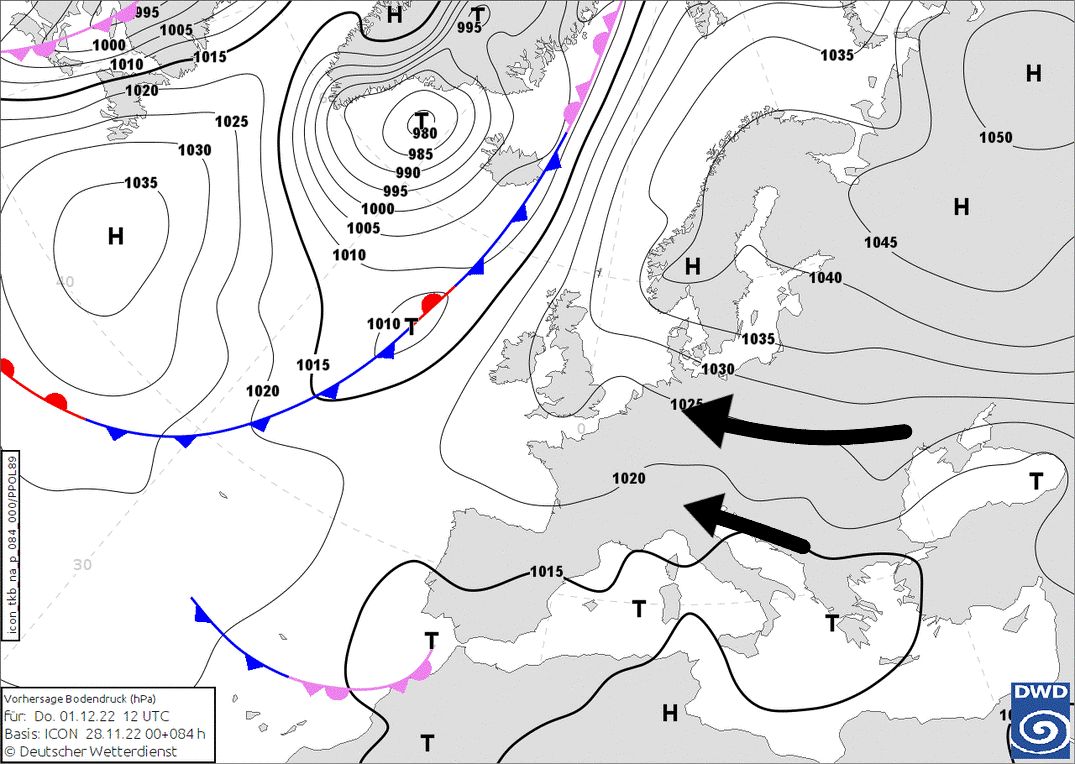 Eastern flow later this week with possible snow in the southern Alps (wetter3.de, DWD)