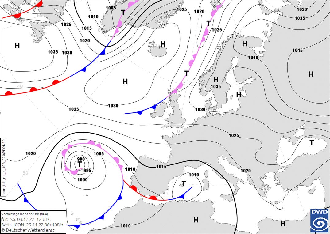 Low pressure above the Mediterranean will give snow for the southern Alps (wetter3.de, DWD)
