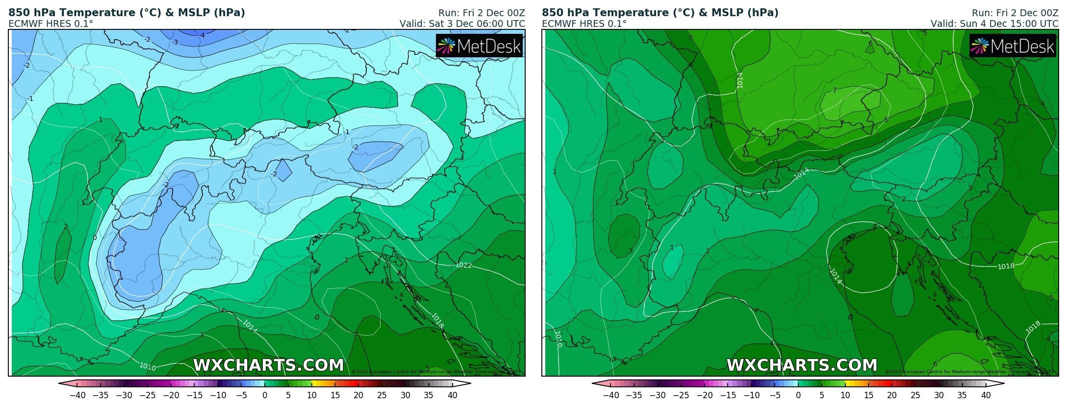 Some milder air will flow in during the weekend (wxcharts.com)