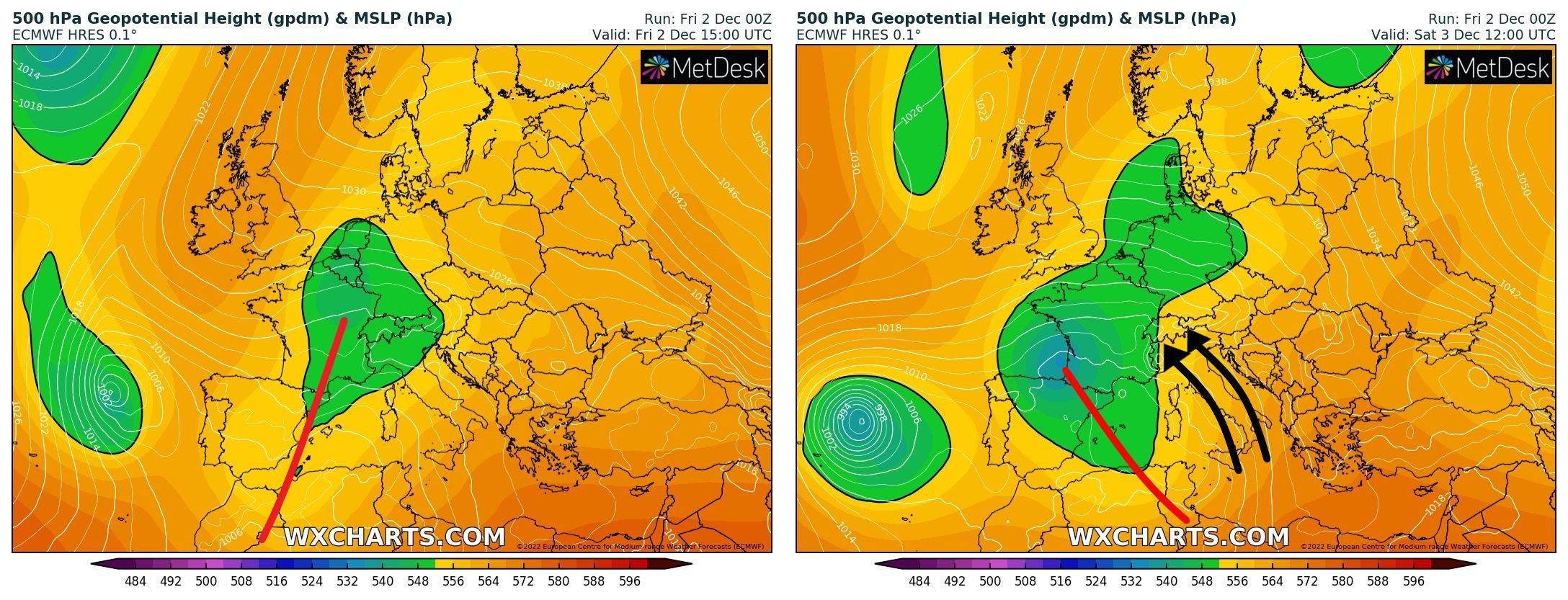 Trough axis tilts and causes a southeasterly flow towards the Alps (wxcharts.com)