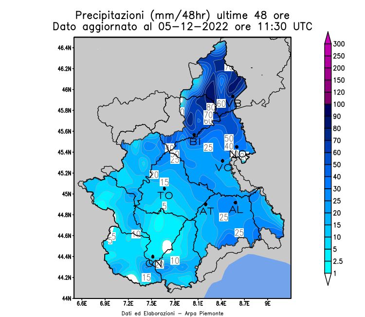 Precipitation last 48 hours tm Monday morning (arpa.piemonte.it)