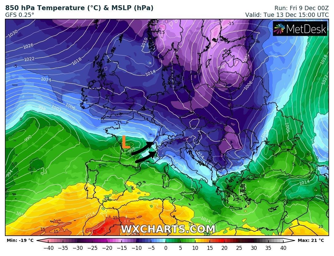 A low brings new snow and slightly rising temperatures to the Western Alps next week (wxcharts.com)