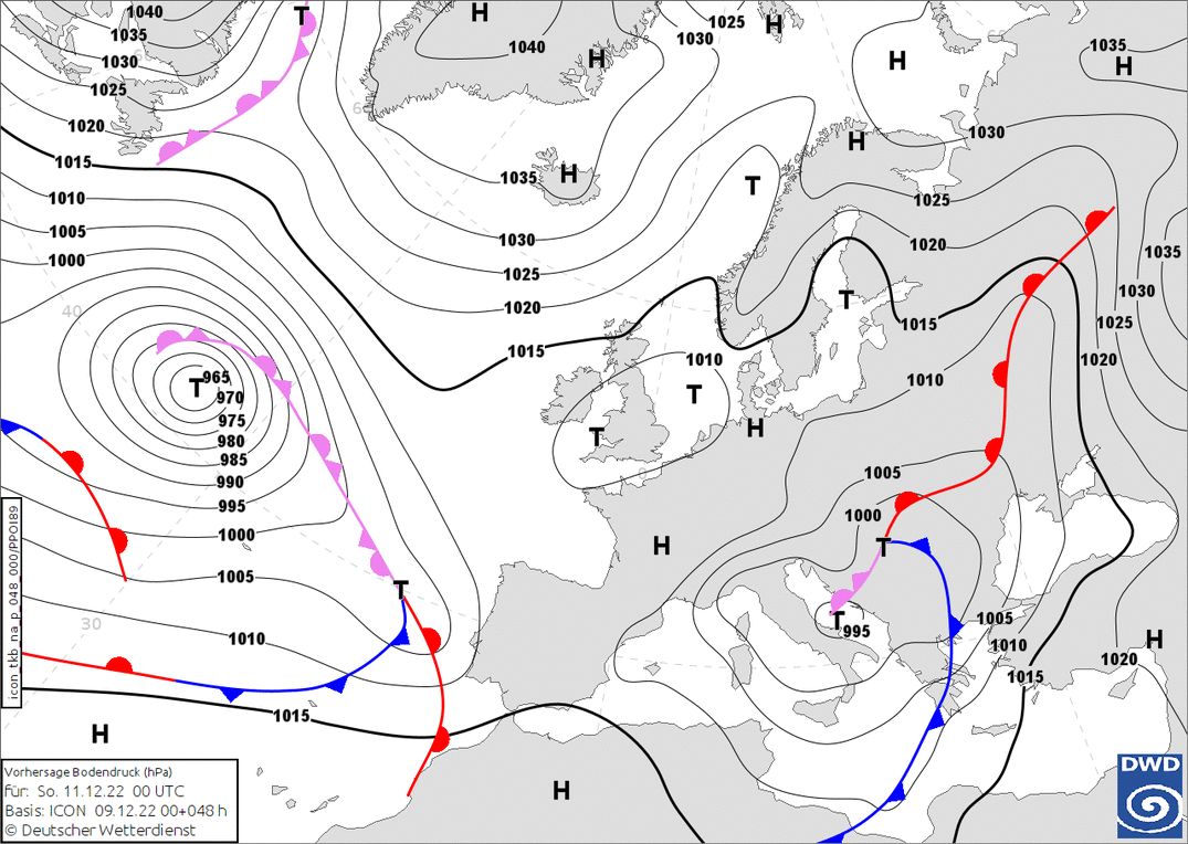 The depression moves further east, paving the way for a temporarily cold air outbreak in the Alps (wetter3.de, DWD)