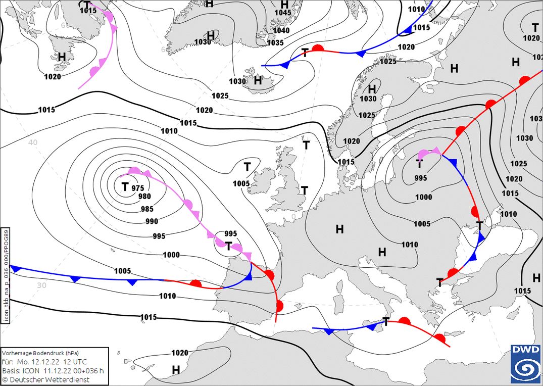 Still high-pressure influence now, but a new low-pressure system follows (wetter3.de, DWD)