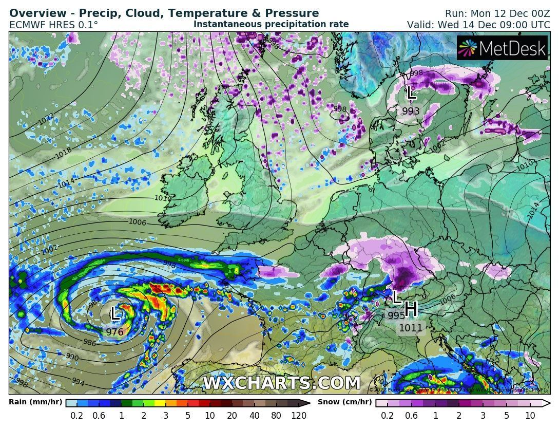 Precipitation near Alps, but föhn suppresses it (wxcharts.com)