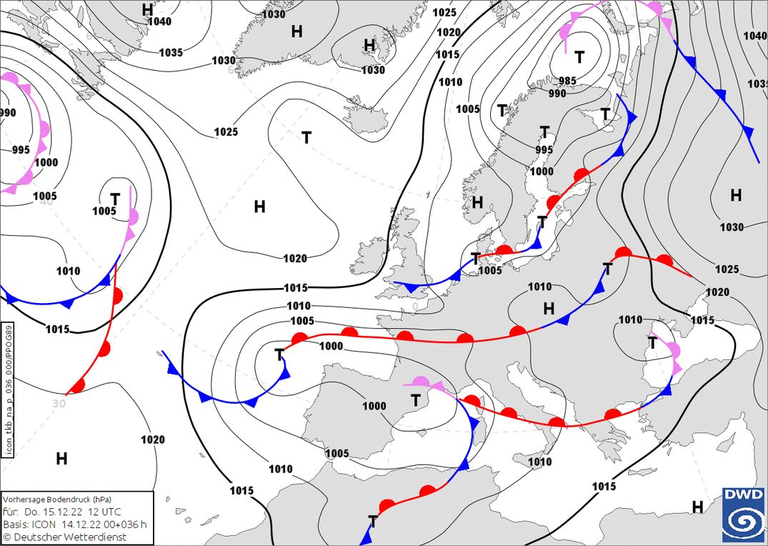 A new low pressure area brings snow from the southwest on Thursday (wetter3.de, DWD)