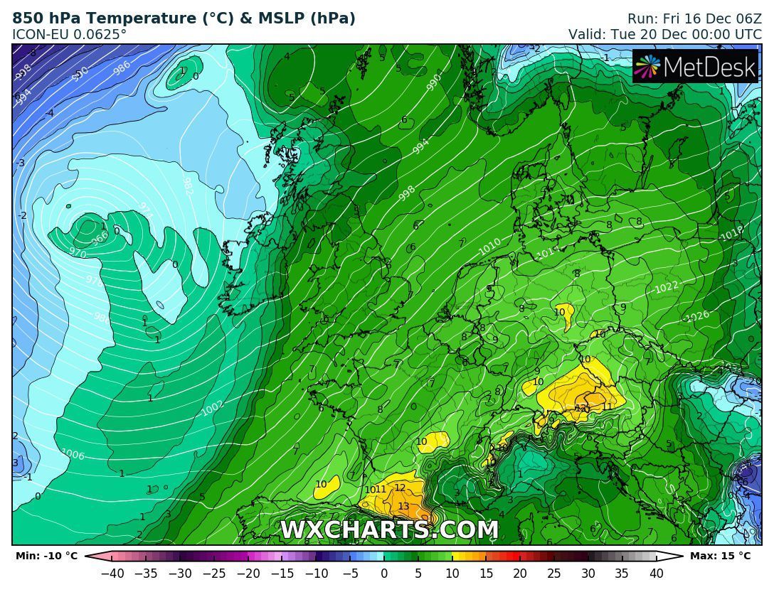 ...in combination with Southföhn will give high temperatures on Monday and Tuesday (wxcharts.com)