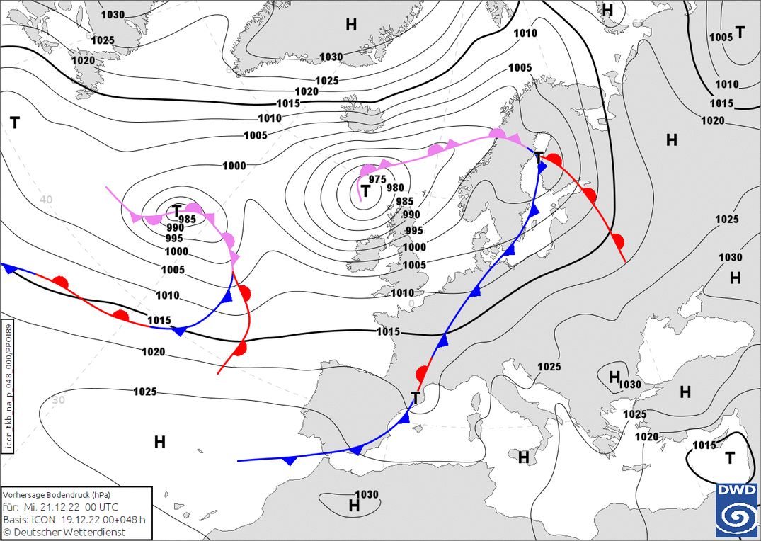 Cold front in the night to Wednesday (wetter3.de, DWD)