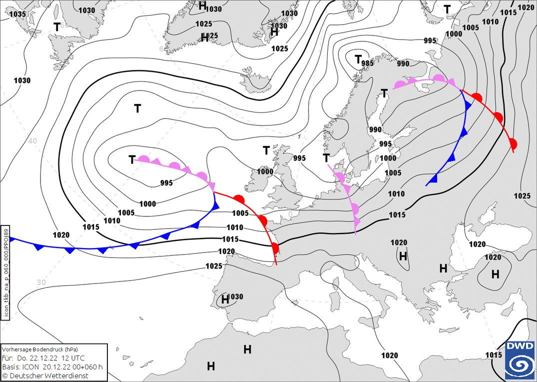 Warm front approached the Alps Thursday night (wetter3.de, DWD)