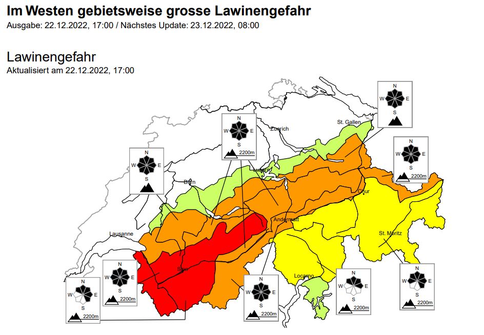 Zeer hoog lawinegevaar in delen van Zwitserland (slf.ch, vandaag 8.00u volgt een update)