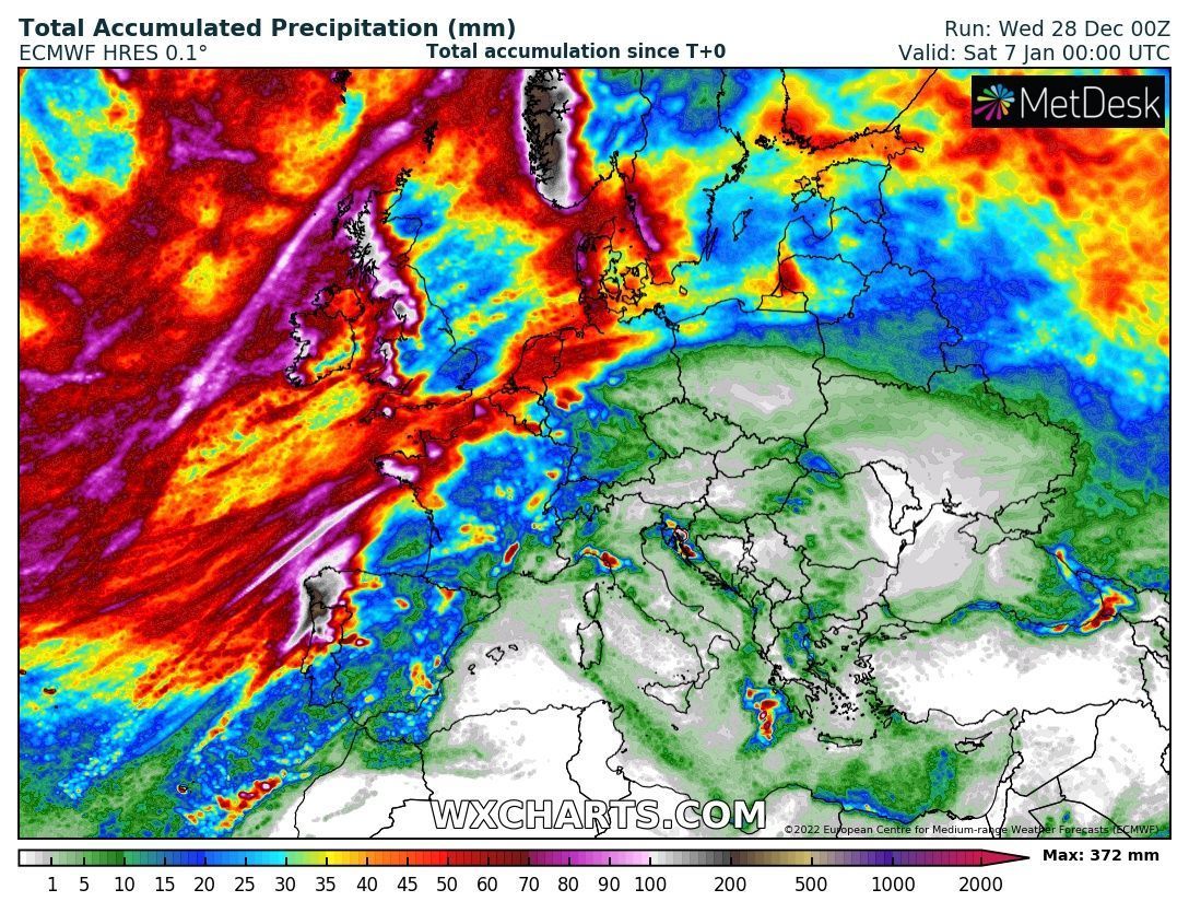 Accumulative precipitation until the 7th of January (ECMWF, wxcharts.com)
