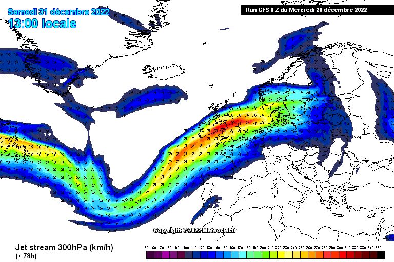 The jet stream deflects low pressure systems towards northern Europe (meteociel.fr)