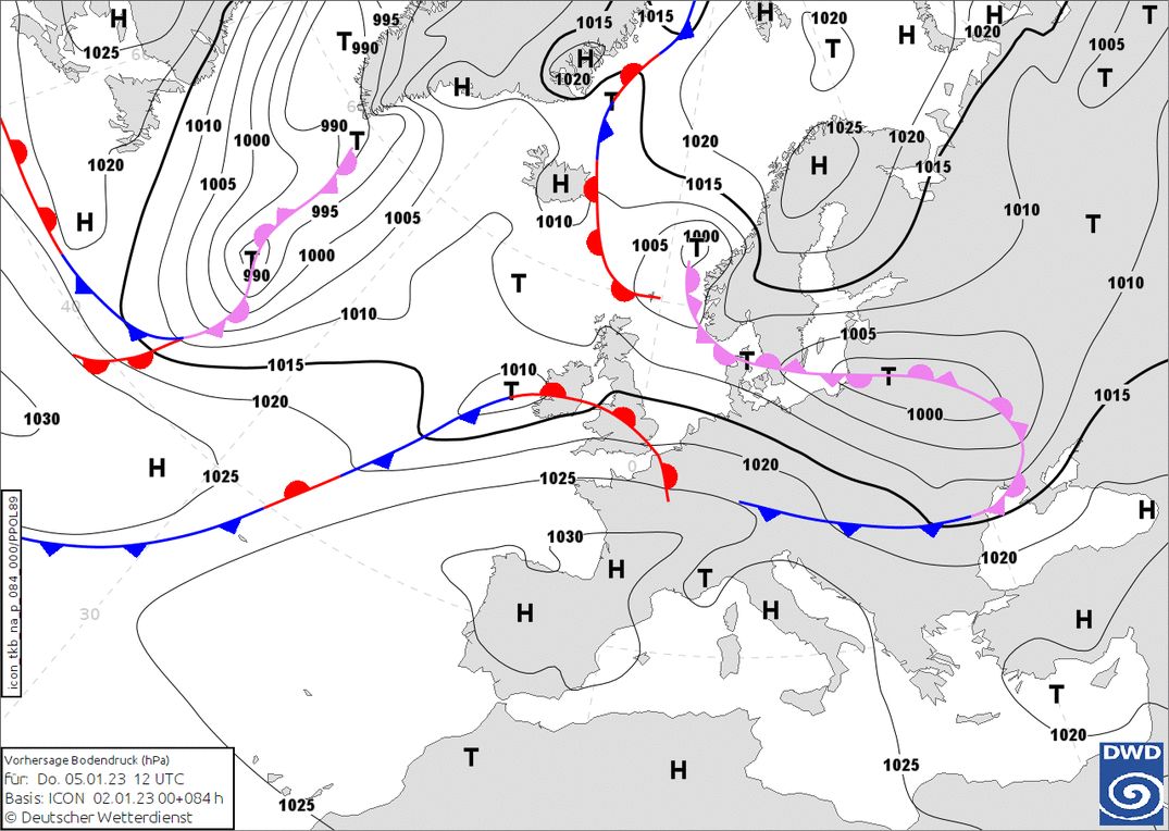 Temporary northwesterly flow with some snow, but it doesn't really give much (wetter3.de, DWD)