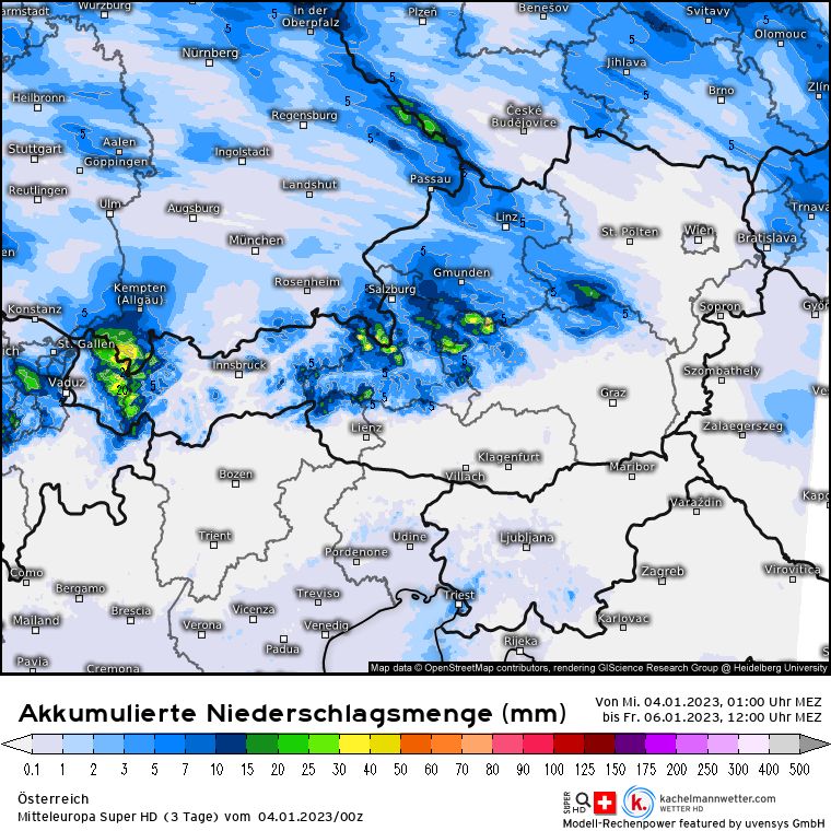 Neerslaghoeveelheden t/m deze vrijdag volgens het Mitteleuropa Super HD model (kachelmannwetter.com)
