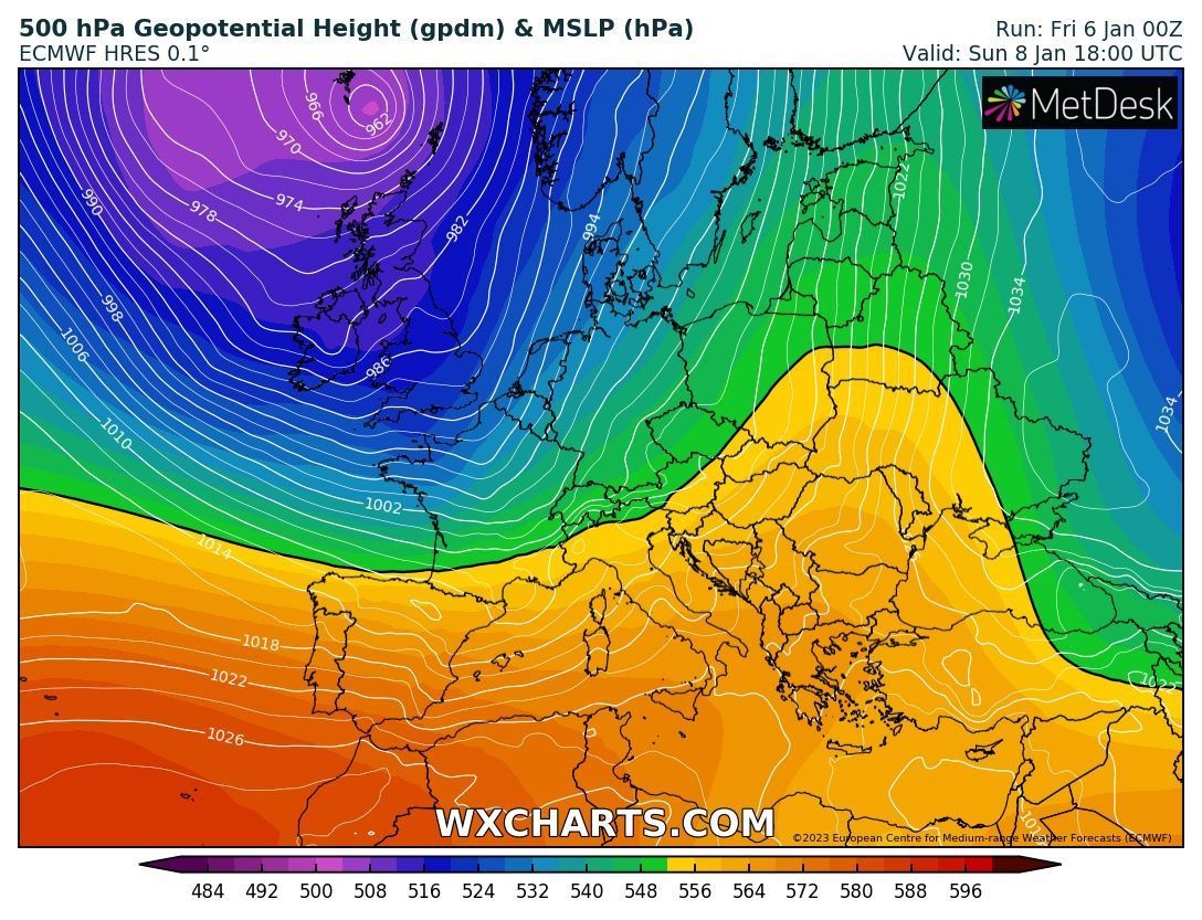 A trough will approach the Alps Sunday (wxcharts.com)