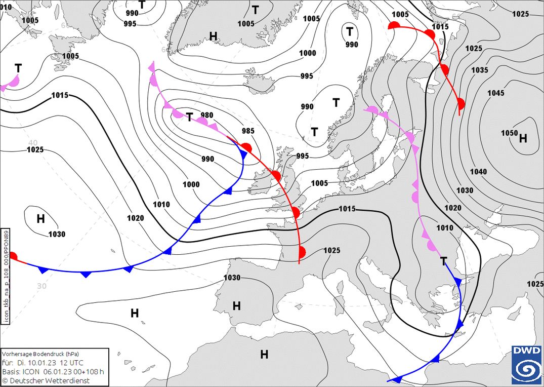 A warm front follows Tuesday night (wetter3.de, DWD)