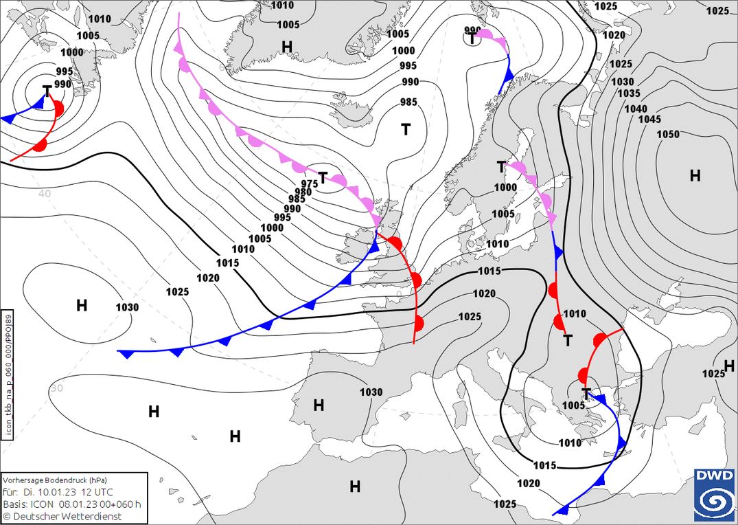 Influence of warm front remains limited (wetter3.de, DWD)