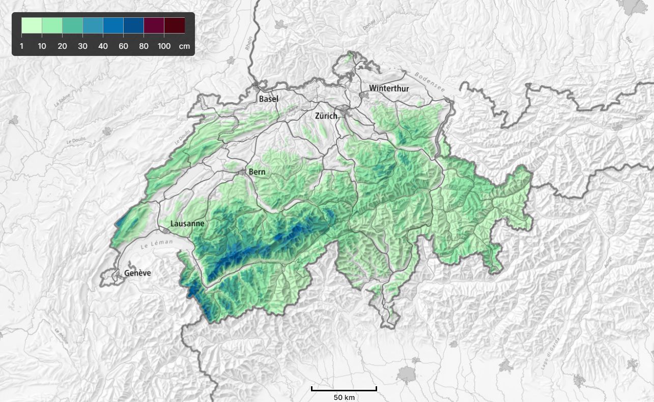Sneeuwhoeveelheden in de afgelopen 48 uur in Zwitserland