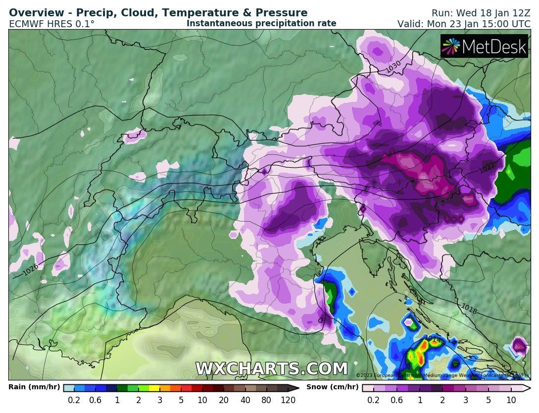 Veel sneeuw voor de Oost-Alpen maandag? (wxcharts.com)