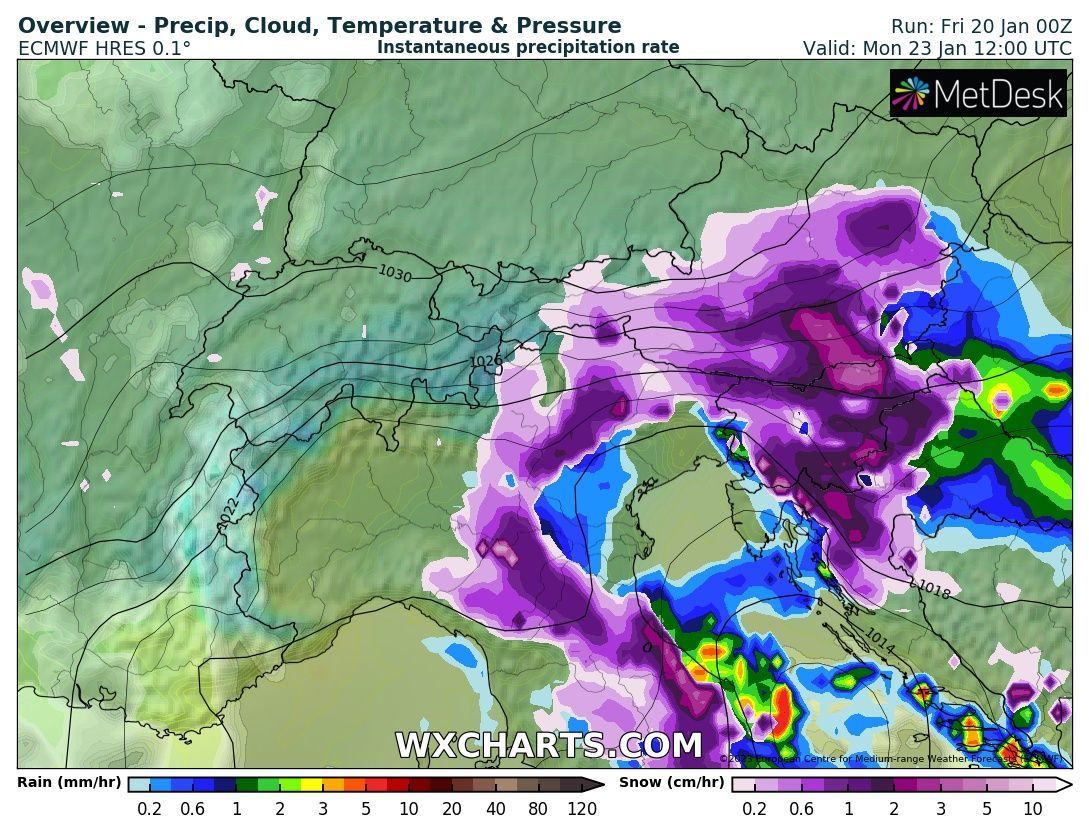 On Monday more snow for the Southeastern-Alps (wxcharts.com)