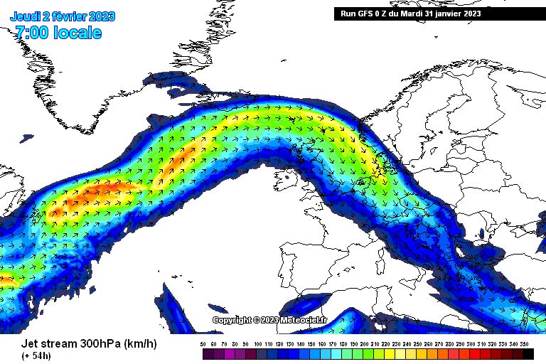 The jet stream is directed on the eastern Northern Alps (meteociel.fr)