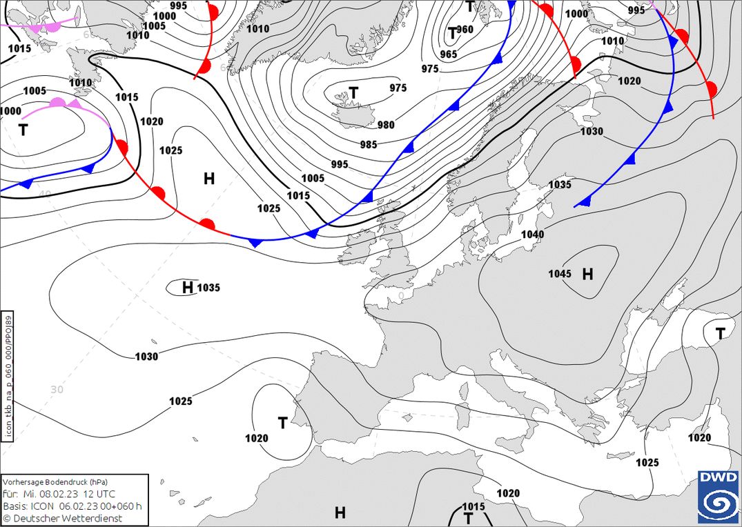 Hogedruk boven Europa, maar met een oostenwind blijft het aanvankelijk behoorlijk koud (wetter3.de, DWD)