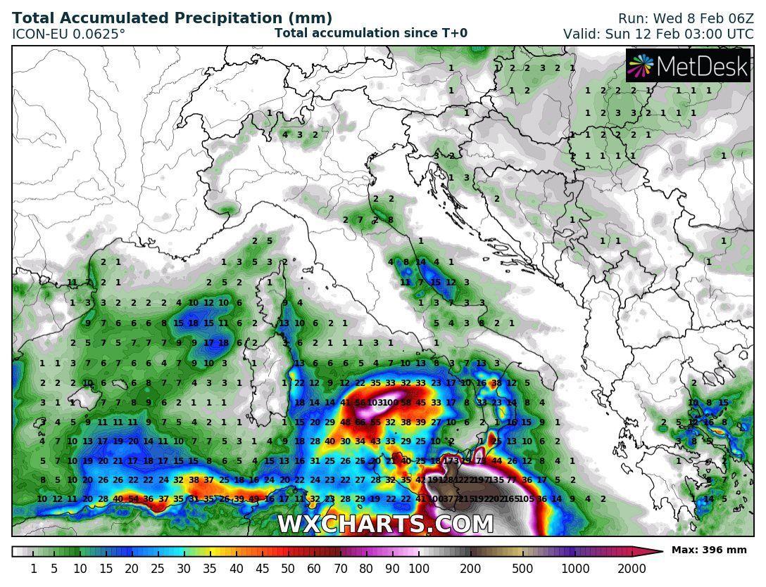 Enorme neerslaghoeveelheden in het oosten van Sicilië verwacht (ICON model, wxcharts.com)