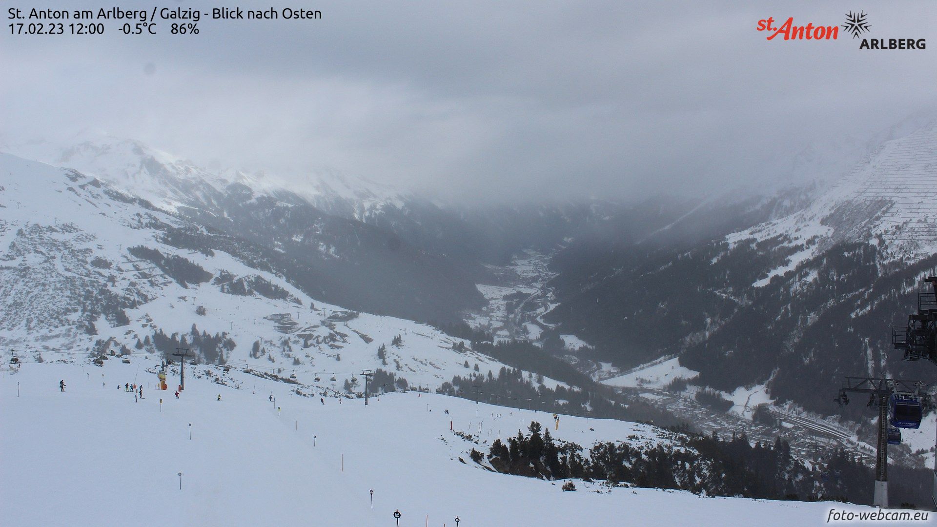 Overwegend bewolkt en lichte neerslag in St. Anton am Arlberg (foto-webcam.eu)