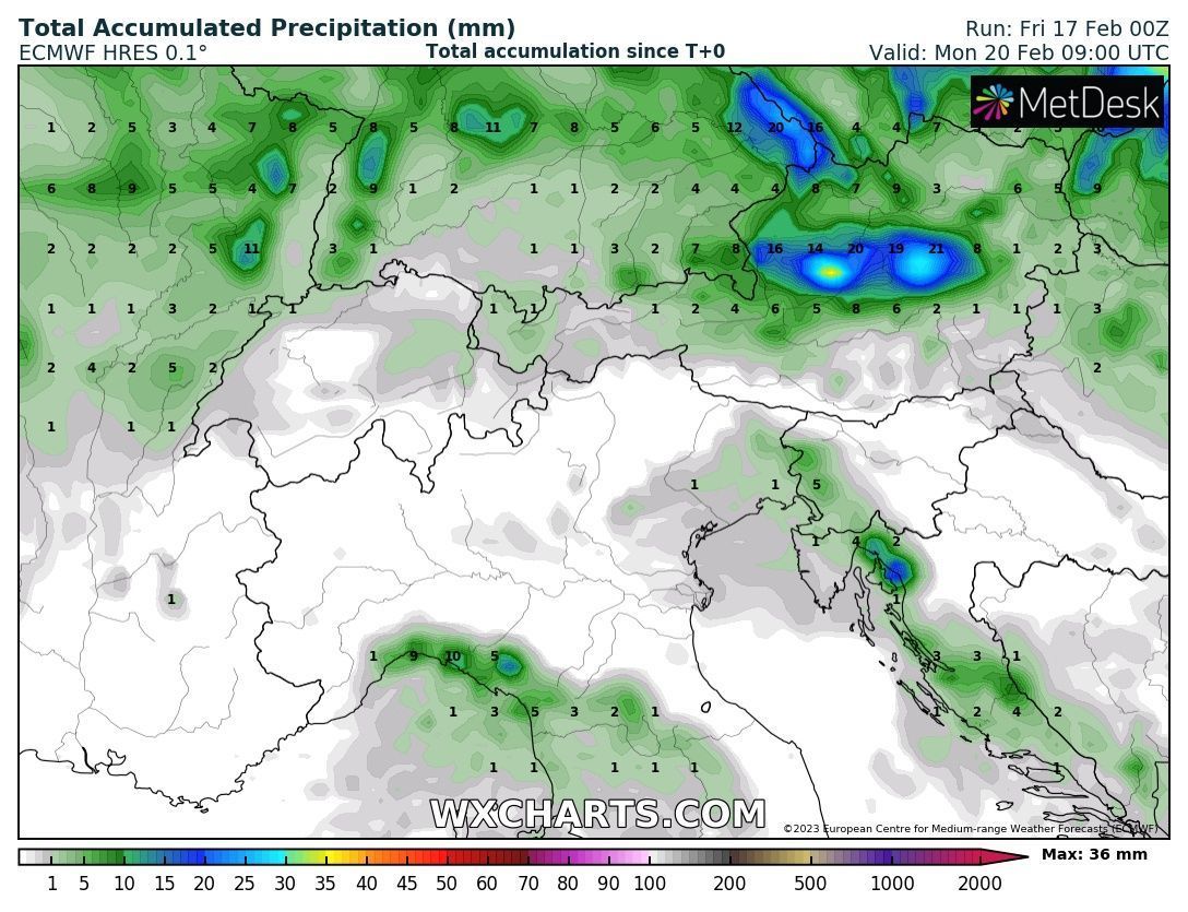 Expected snowfall according to the European model (wxcharts.com)
