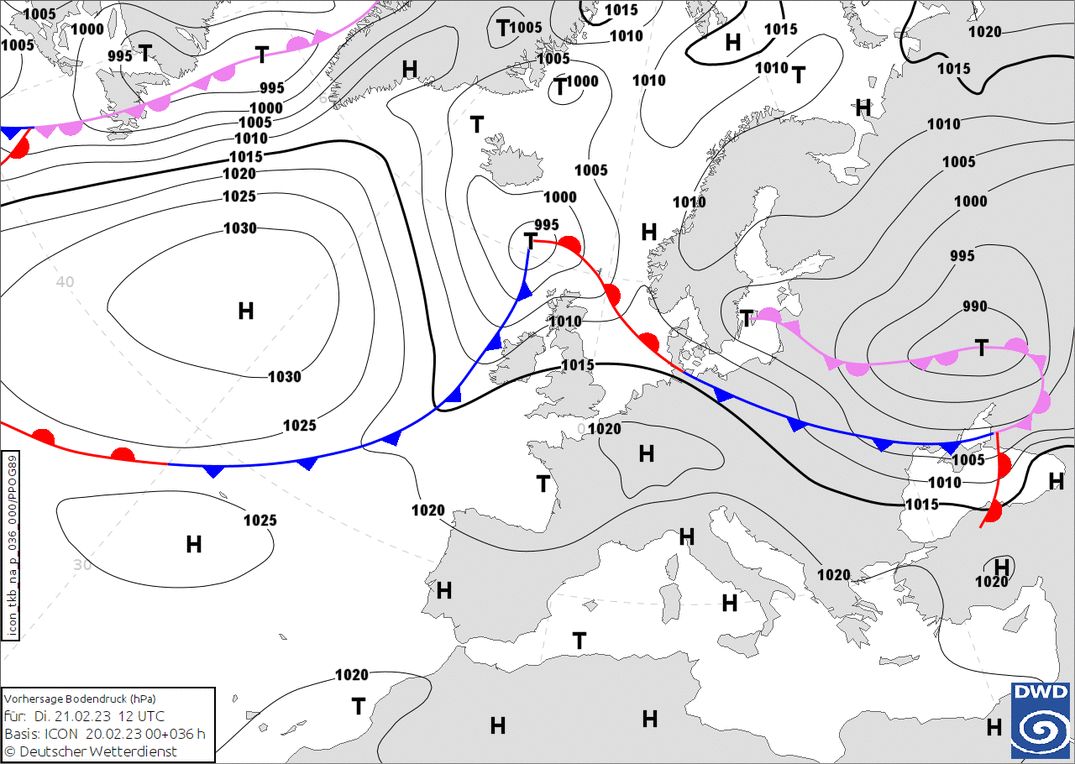 High pressure ensures sunny and warm weather in the Alps (wetter3.de, DWD)