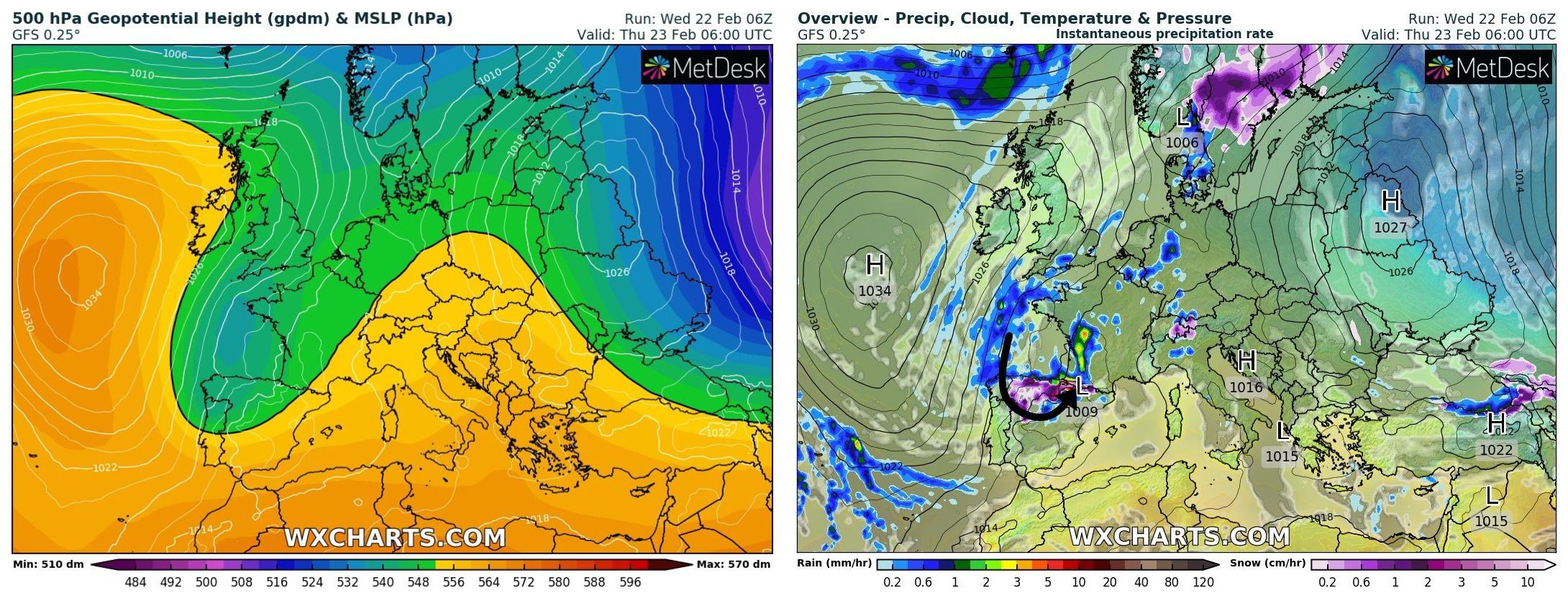 Snow for the Pyrenees (wxcharts.com)