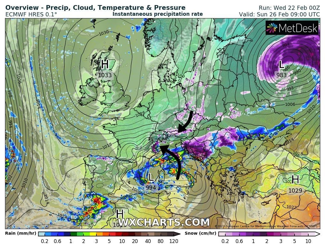 Leftovers of the Nordstau but possible snow on the south side on Sunday (wxcharts.com)