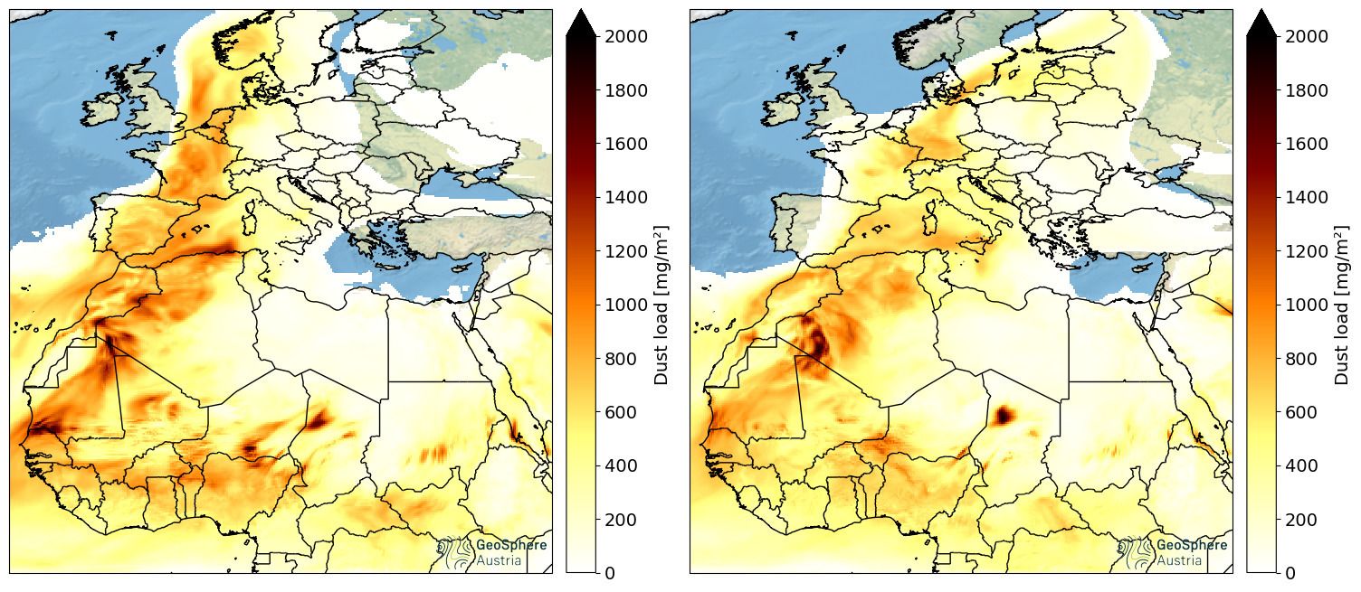 Sahara dust load in the atmosphere today (left) and tomorrow (right)