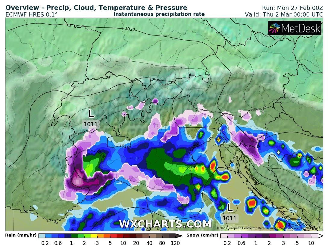 Opnieuw sneeuw voor Piemonte (wxcharts.com)