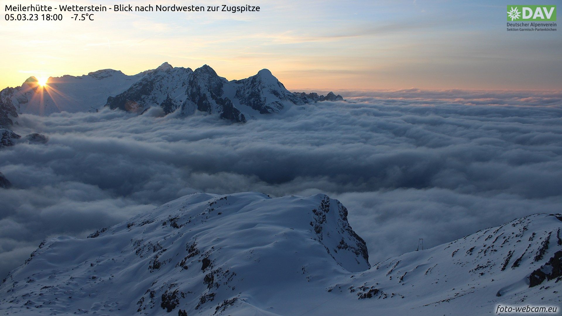 Sunset at the Meilerhütte above the low-hanging clouds on the northern side (foto-webcam.eu)