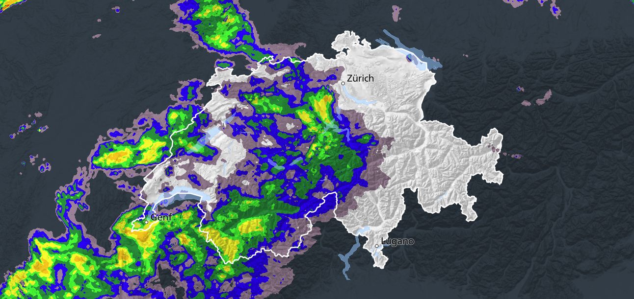 Radar image of precipitation this evening (Meteoschweiz)
