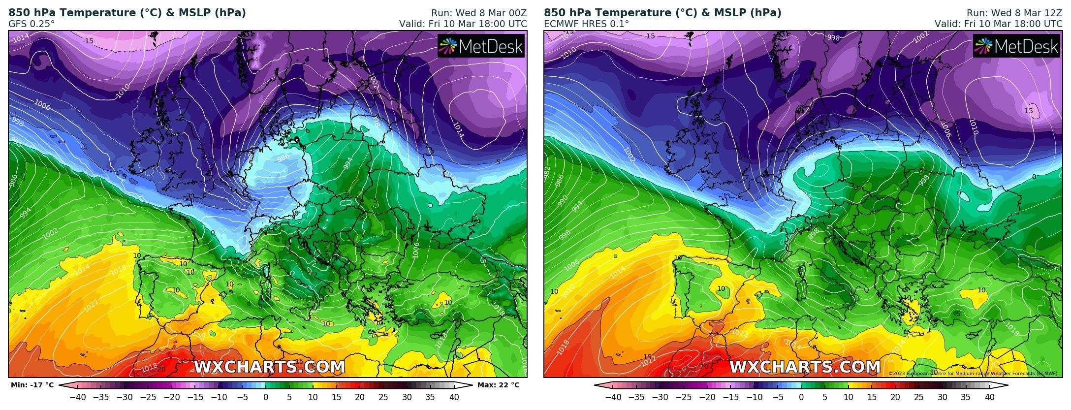 Morning and evening run of the European model today (wxcharts.com)