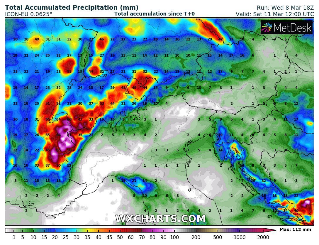 Precipitation amounts through Saturday afternoon according to the ICON model (wxcharts.com)