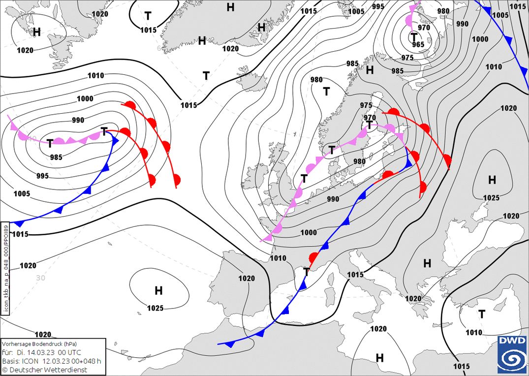 Cold front in the night from Monday to Tuesday, then an occlusion front (wetter3.de, DWD)