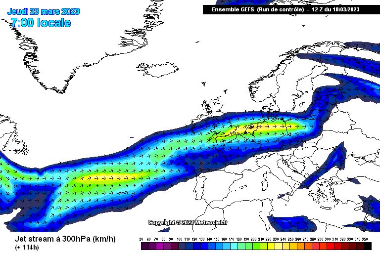 The jet stream is zonal and quite far north by the end of the week (meteociel.fr)