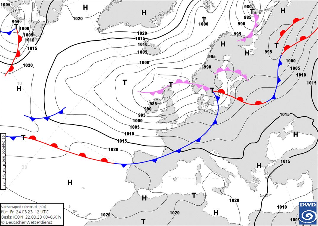 Cold front with snow on Friday (wetter3.de, DWD)