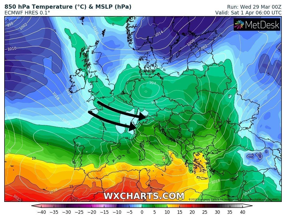 Colder air reaches the northwest Alps during the night from Friday to Saturday (wxcharts.com)