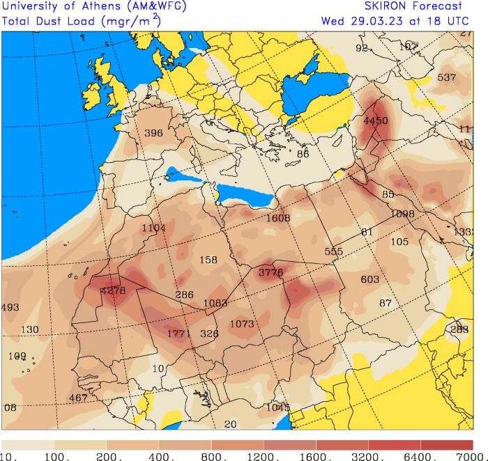 Some Saharan dust in the air in the Western Alps (Skiron, forecast.uoa.gr)