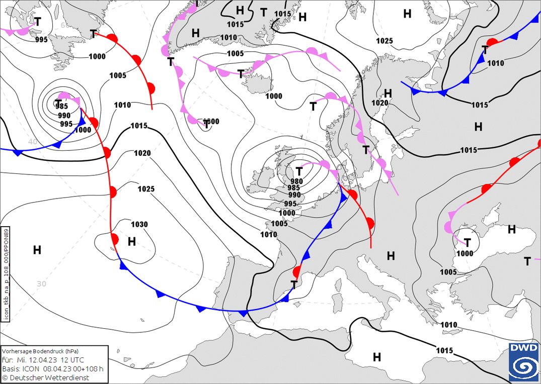 Snow on the way with a cold front Wednesday night (wetter3.de, DWD)