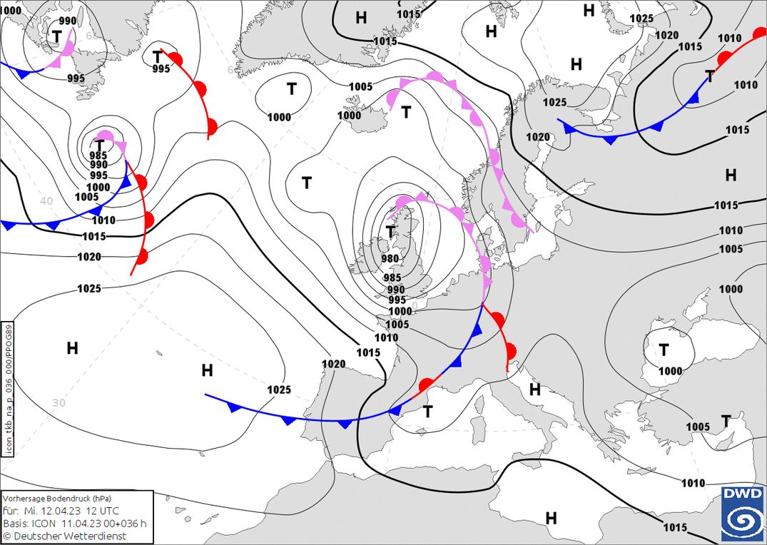 Temporary föhn on the north side in the warm sector tomorrow (wetter3.de, DWD)