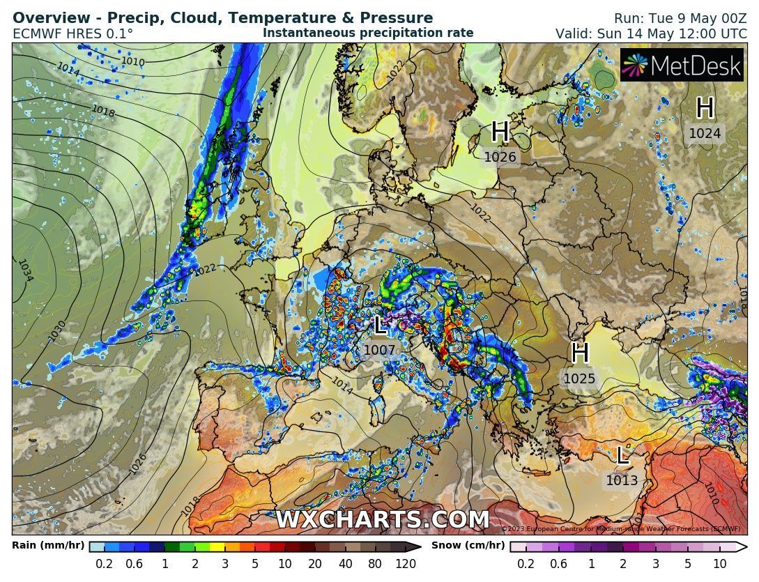 Low pressure over the Alps causes continued changeability (wxcharts.com)