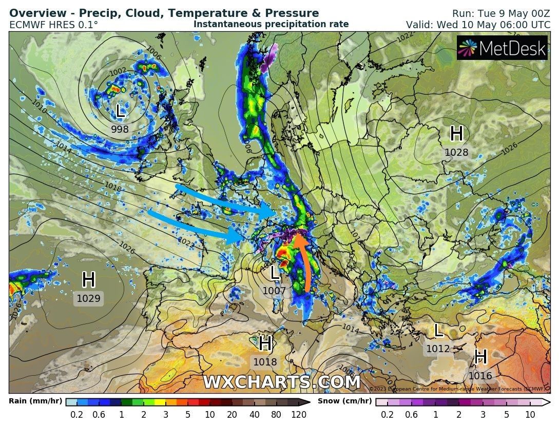 Moist southern flow over the Alps with westerly winds on the north side (wxcharts.com)
