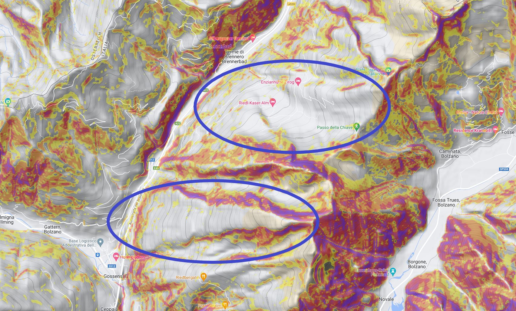 The slope angle map (wePowder Pro) at the ex-ski areas Hühnerspiel (bottom) and Zirog (top) The slope angle map (wePowder Pro) at the ex-ski areas Hühnerspiel (bottom) and Zirog (top)